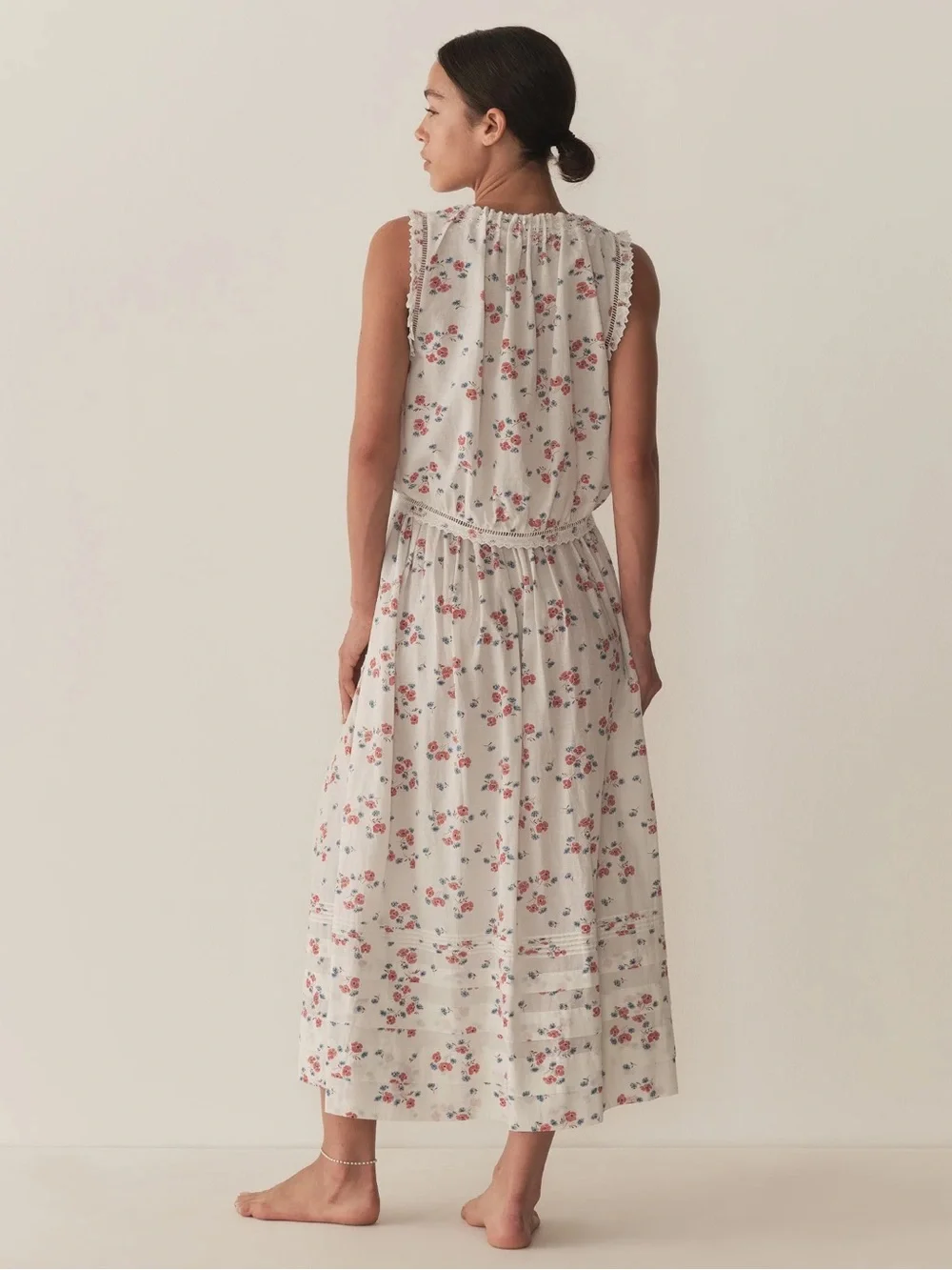 Doen Marcie Cotton Pintuck A Line Midi Maxi Skirt Poppy Fields White Red Floral